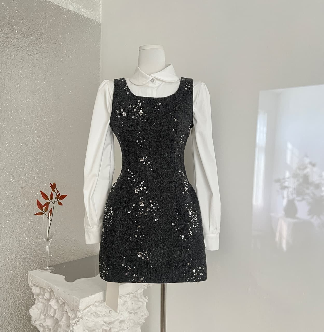 French Doll Collar White Blouse & Black Sequin Vest Dress 1