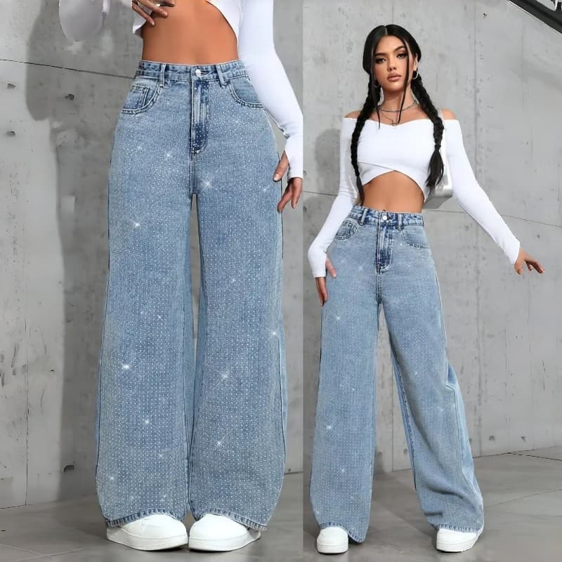 Loose Mid-waist Stretch Straight Jeans with Rhinestones 1