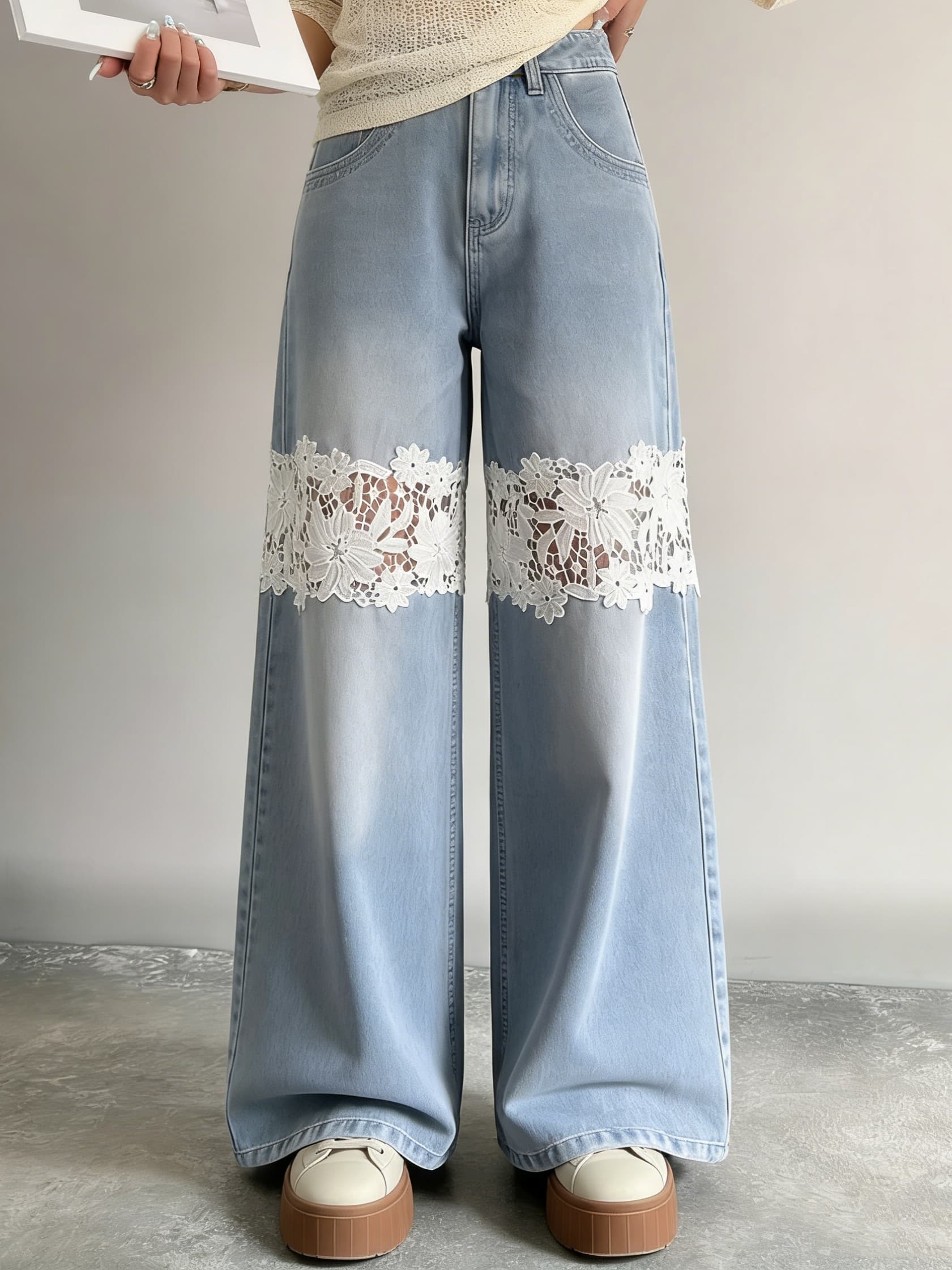 Light Wash Lace Insert Wide Leg Jeans 1