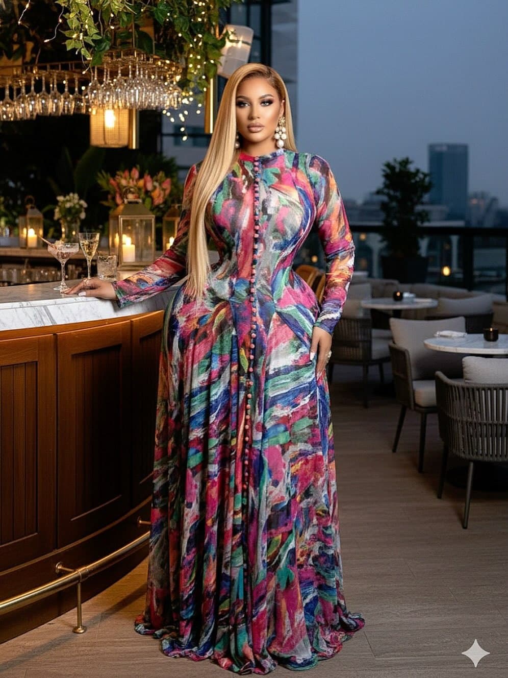 Multicolor Abstract Print Long Sleeve Maxi Dress 1