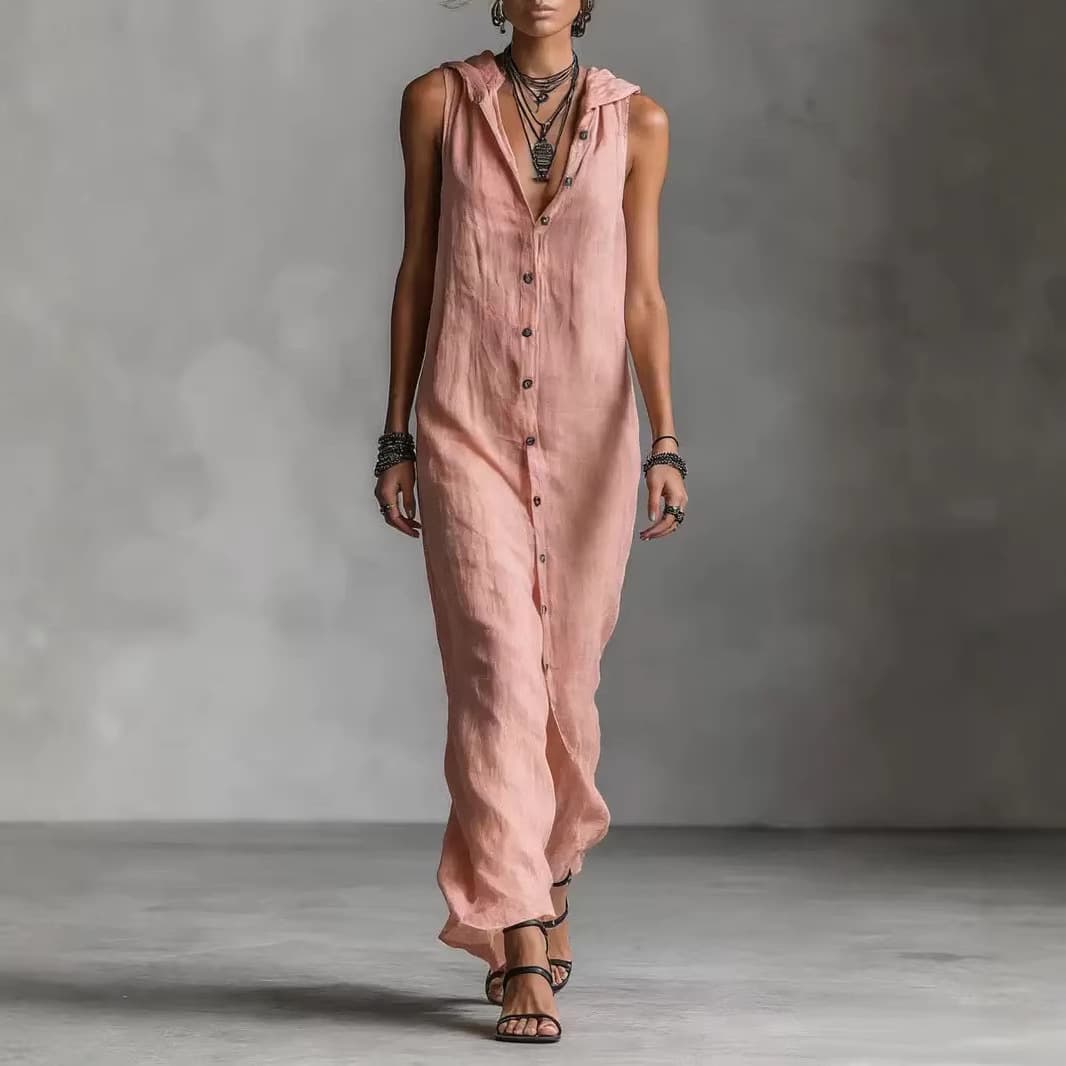 Без Ракави со Качулка Макси Фустан со Копче Placket Женски color variant