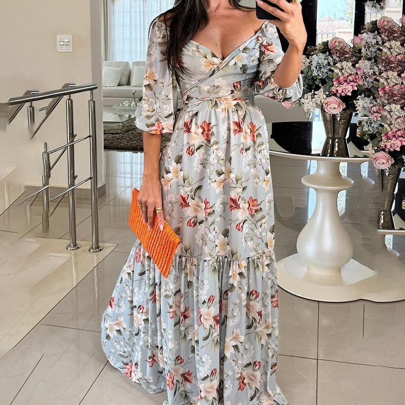 Elegant V-neck Printed Tie-waist Maxi Dress 1