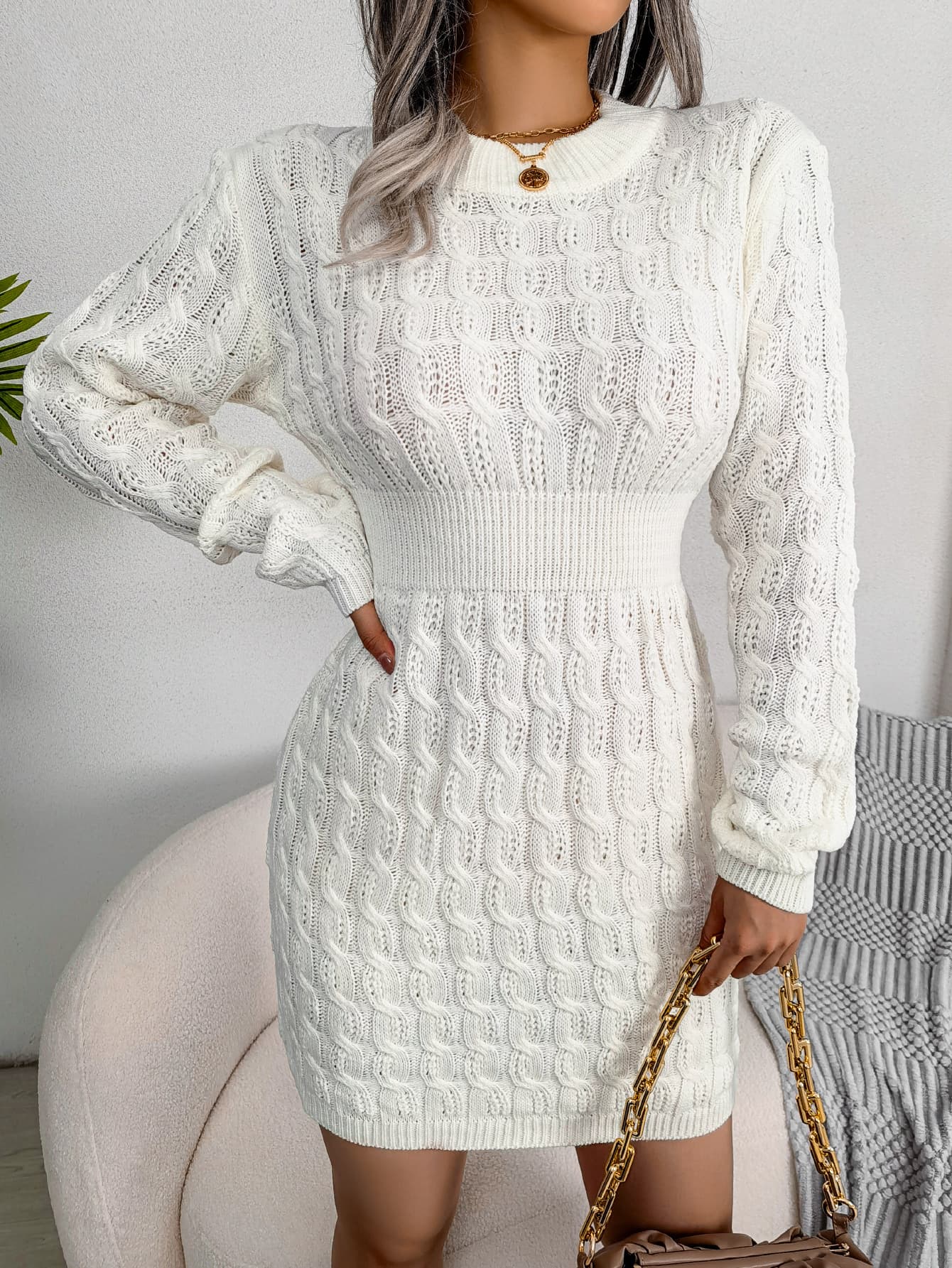 Casual Cable Knit Waist Cinched Bodycon Sweater Dress 1