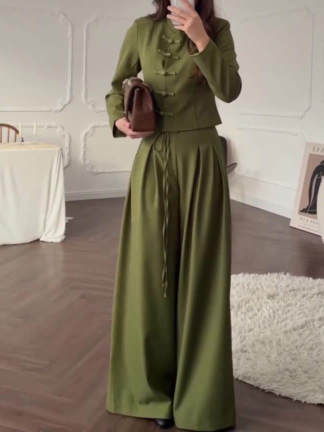 Mandarin Collar Knot Crop Top & Drawstring Wide Leg Pants 1