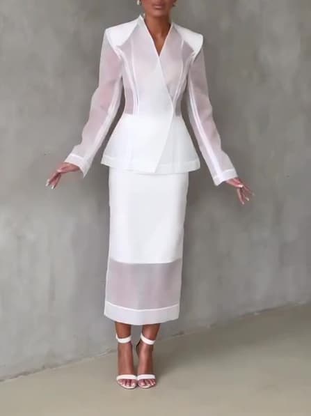 White Organza Tailored Blazer & Sheer Midi Skirt 2-piece Set 1