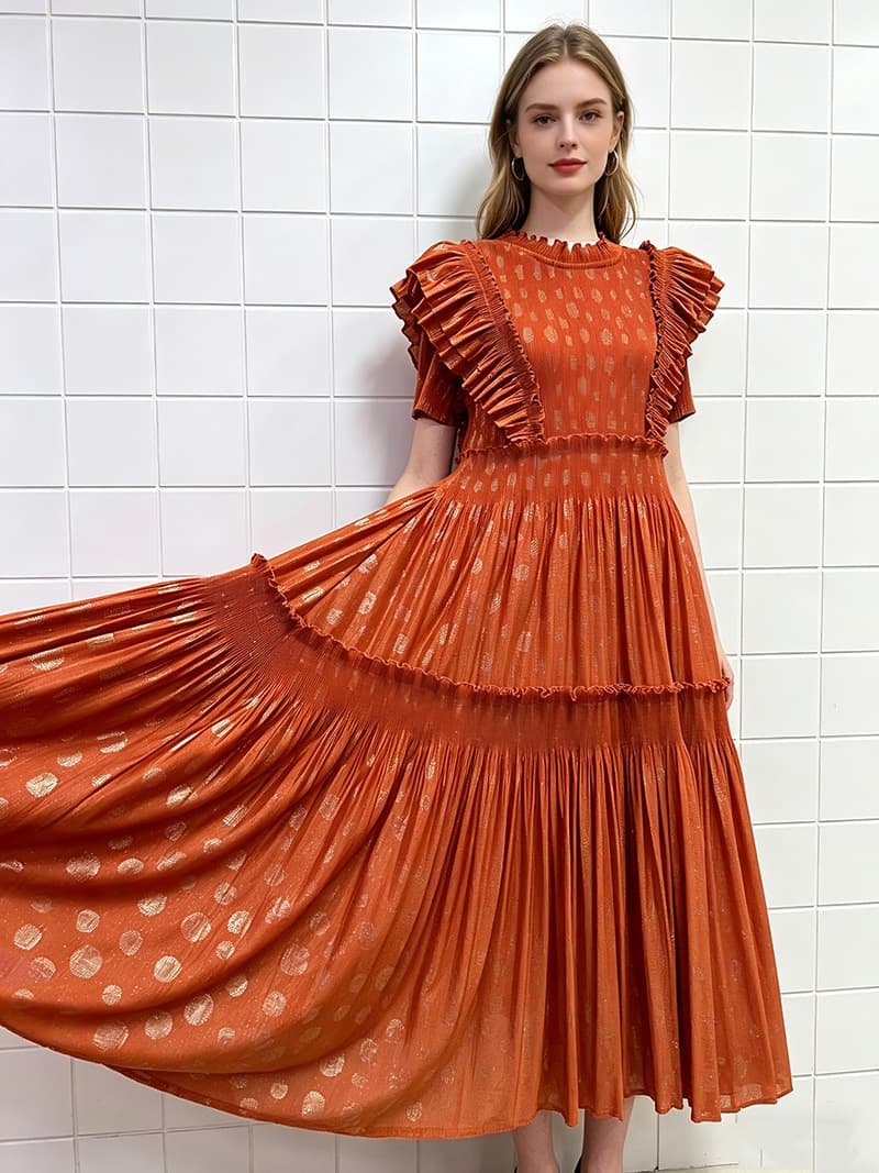 Polka Dot Bronzing Elegant Short Sleeve Dress with Ruffled 1