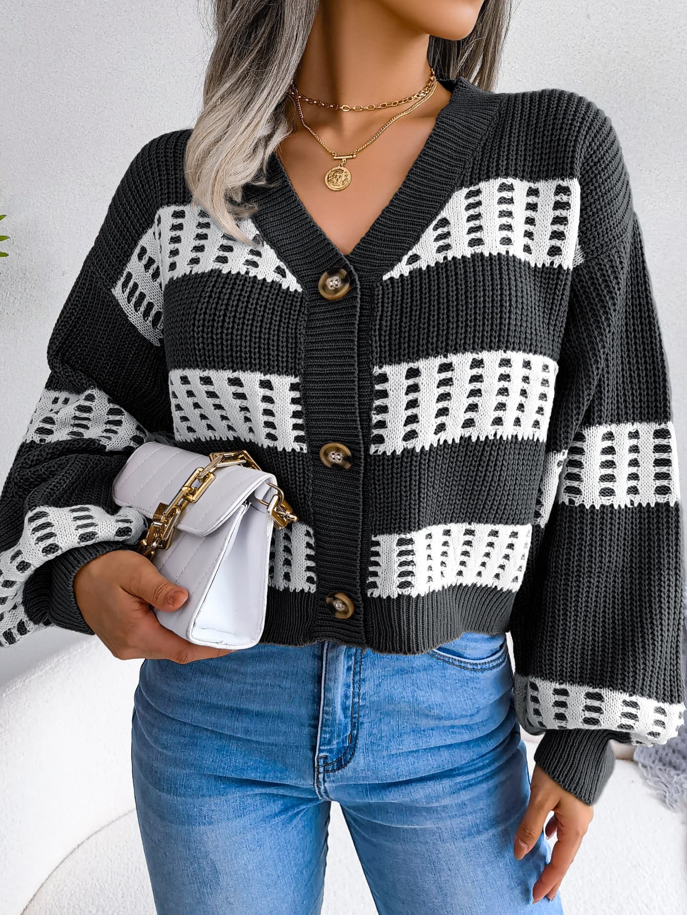 Designer Контраст Бои Фенер Ракав Кардиган Џемпер Капут color variant