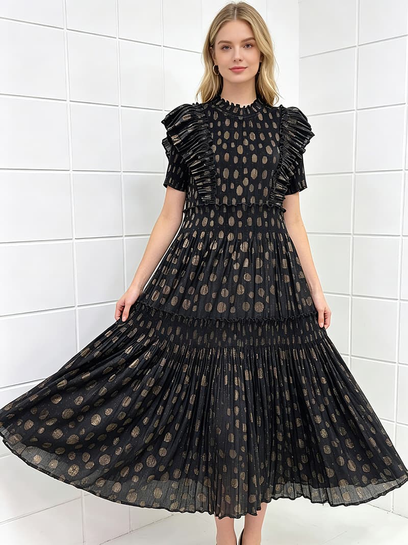 На Точки Bronzing Елегантен Кратки Ракави Фустан со Карнерест color variant