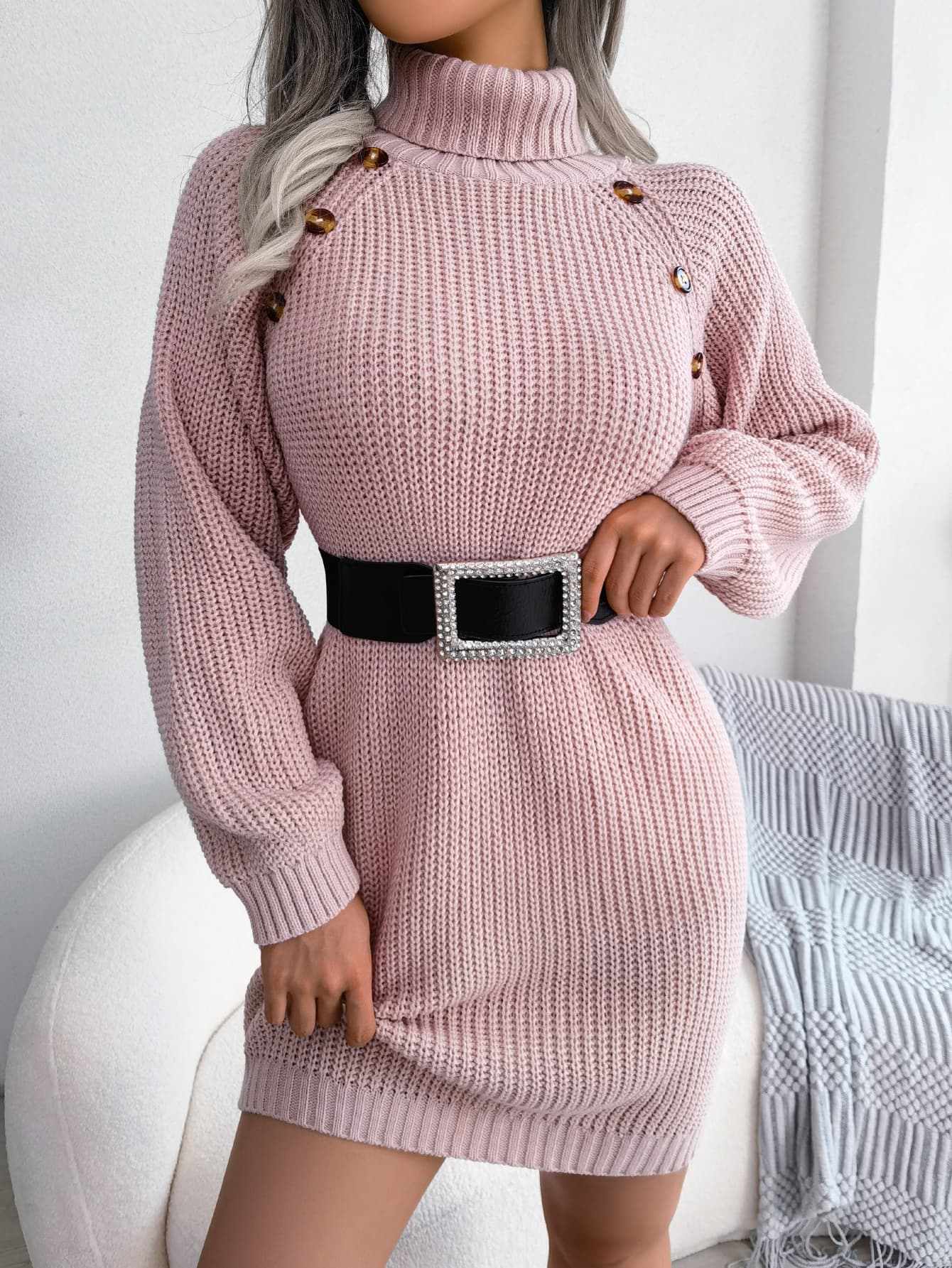 Casual Buttoned High Neck Long Sleeve Sweater Dress 1