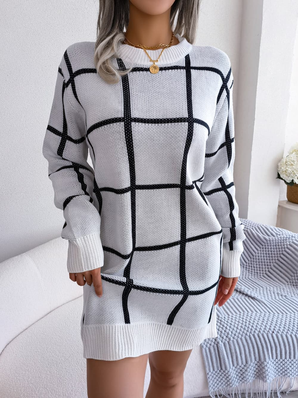 Casual Color Block Plaid Long Sleeve Sweater Dress 1