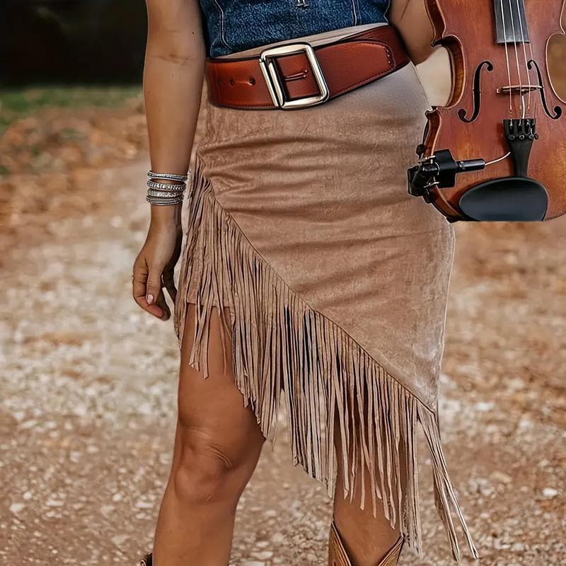 Vintage Fringe Hem Asymmetrical Suede Skirt Casual Boho 1