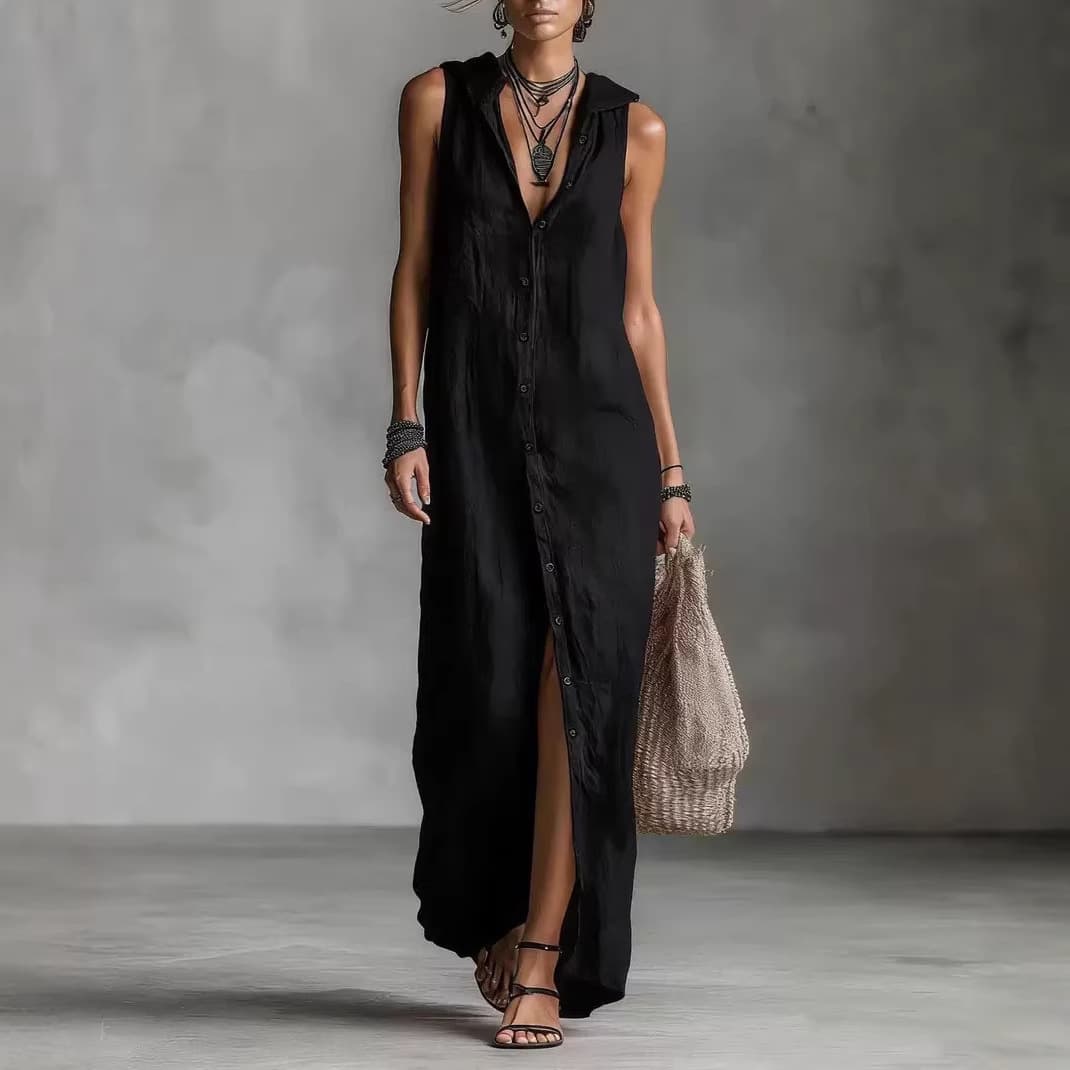 Без Ракави со Качулка Макси Фустан со Копче Placket Женски color variant