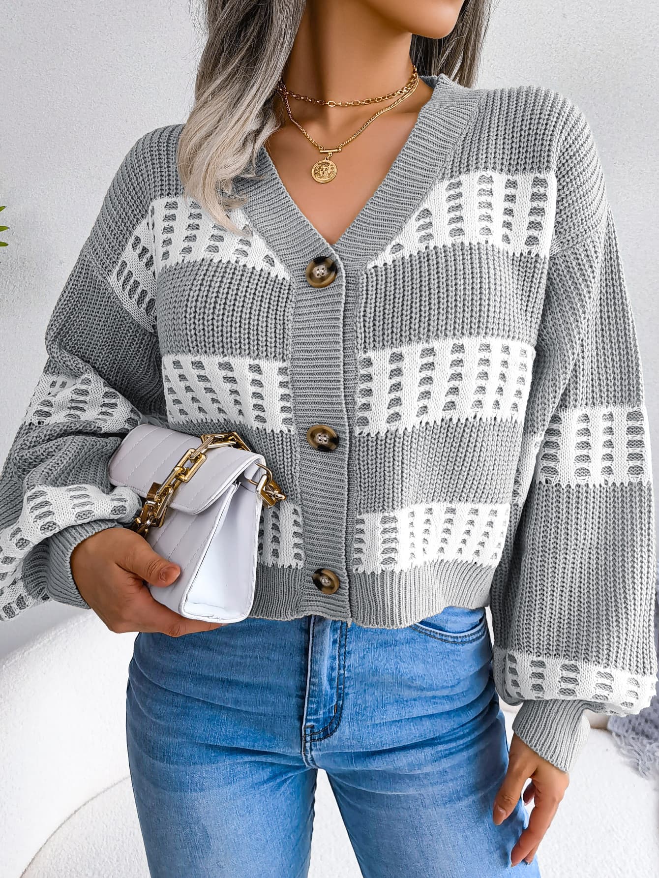 Designer Контраст Бои Фенер Ракав Кардиган Џемпер Капут color variant