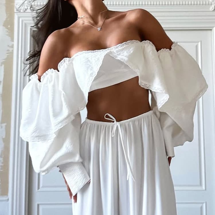 Square Neck Tie-up Lace-trimmed Crop Shirt 1