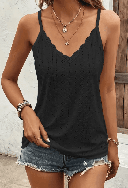 V Neck Eyelet Cami Top, Elegant Scallop Trim Sleeveless Top 1