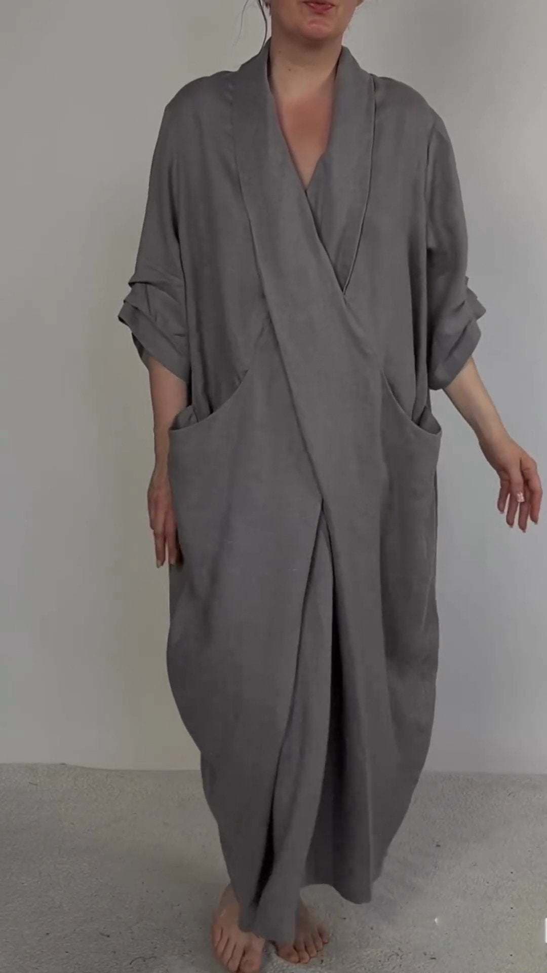 Ланен Мешавина V-Деколте Крос Фустан со Џеб color variant