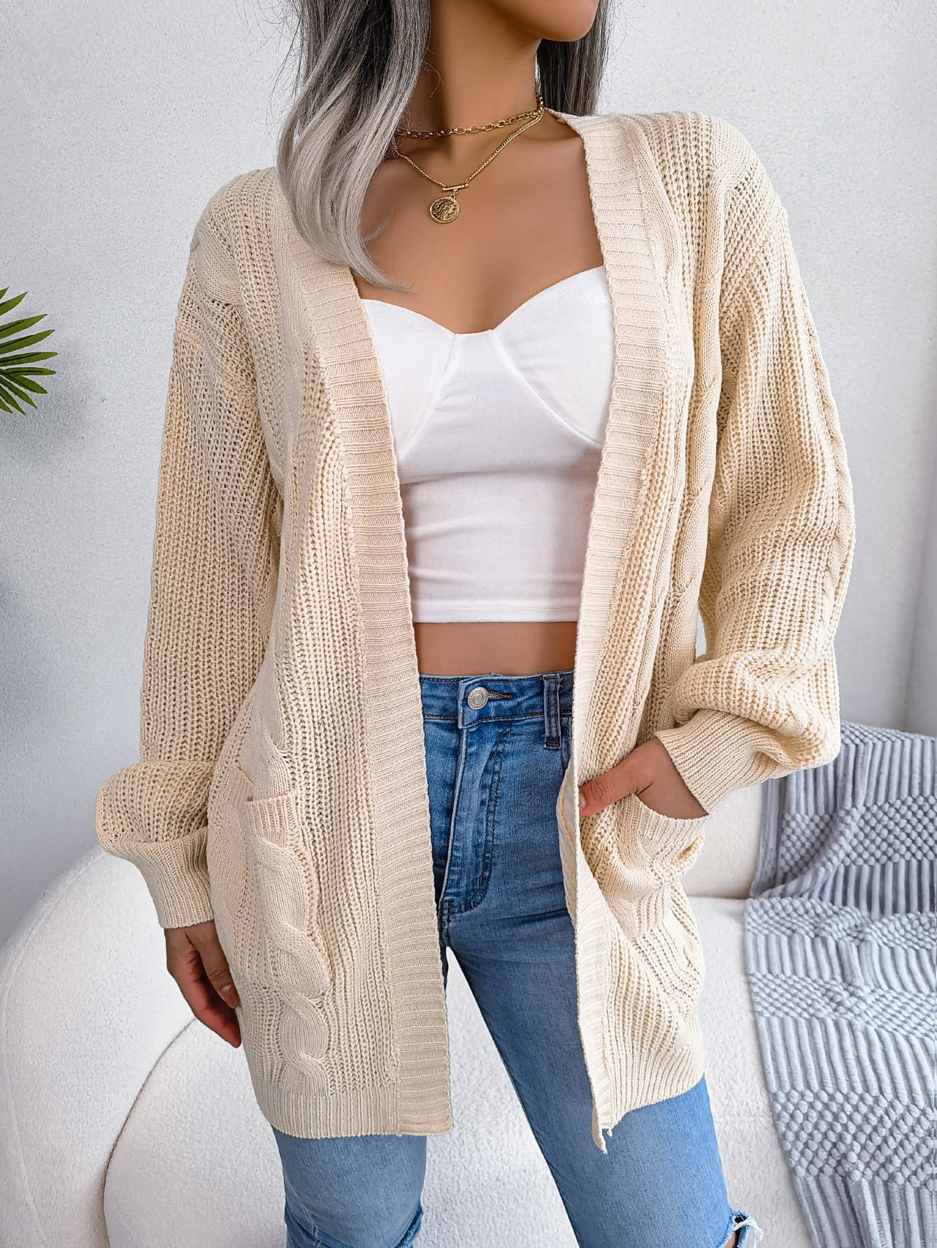 Cable Knit Lantern Sleeve Pocket Cardigan Sweater Coat 1
