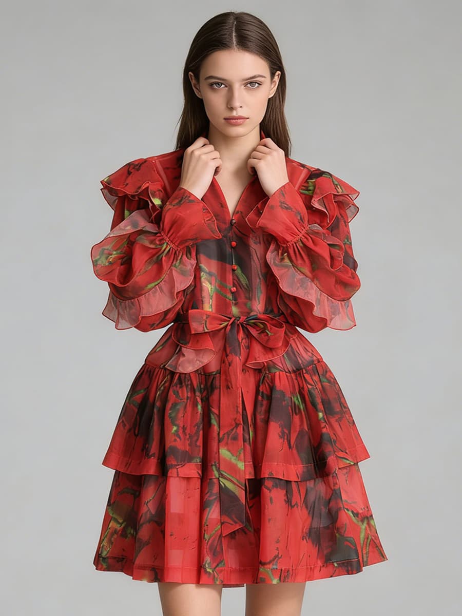 V-neck Ruffled Tie-waist Dress 1