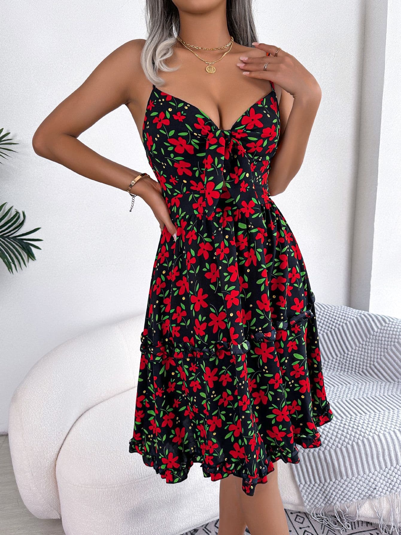 Casual Floral Print Bow Ruffle Trim Camisole Dress 1