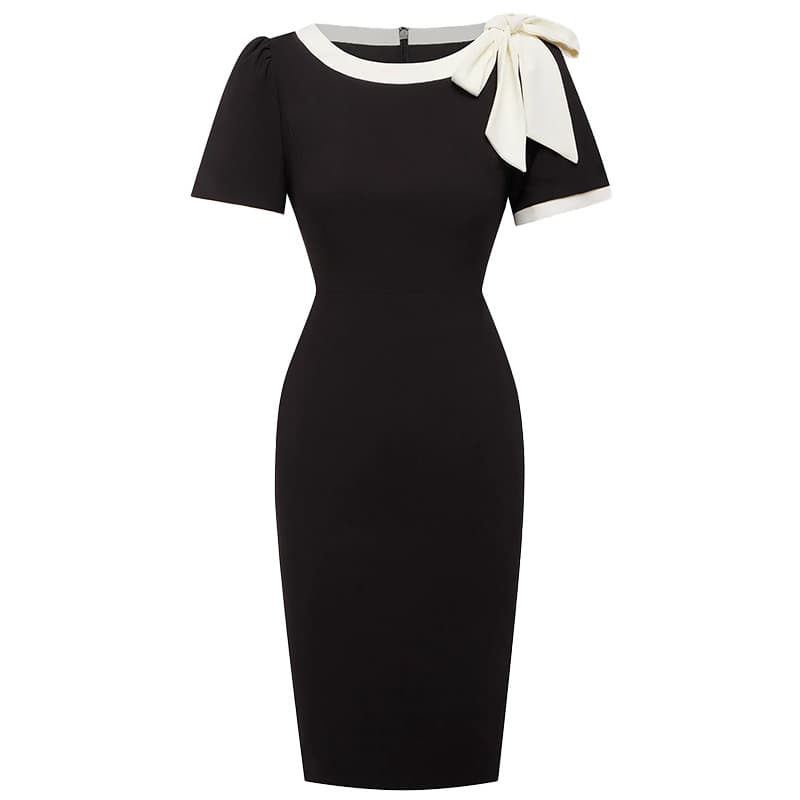 Crew Neck Short Sleeve Bow Color-block Slim Fit Dress 1