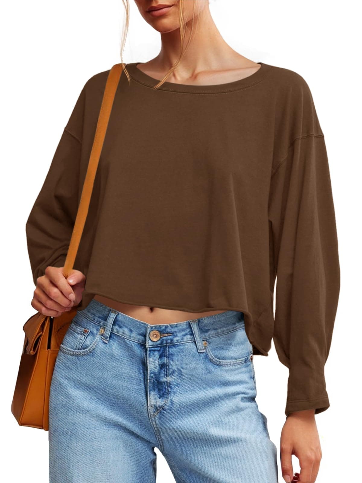 Fisoew Женски Долги Ракави Crop Tops Широк Крој Облеtка Деколте color variant