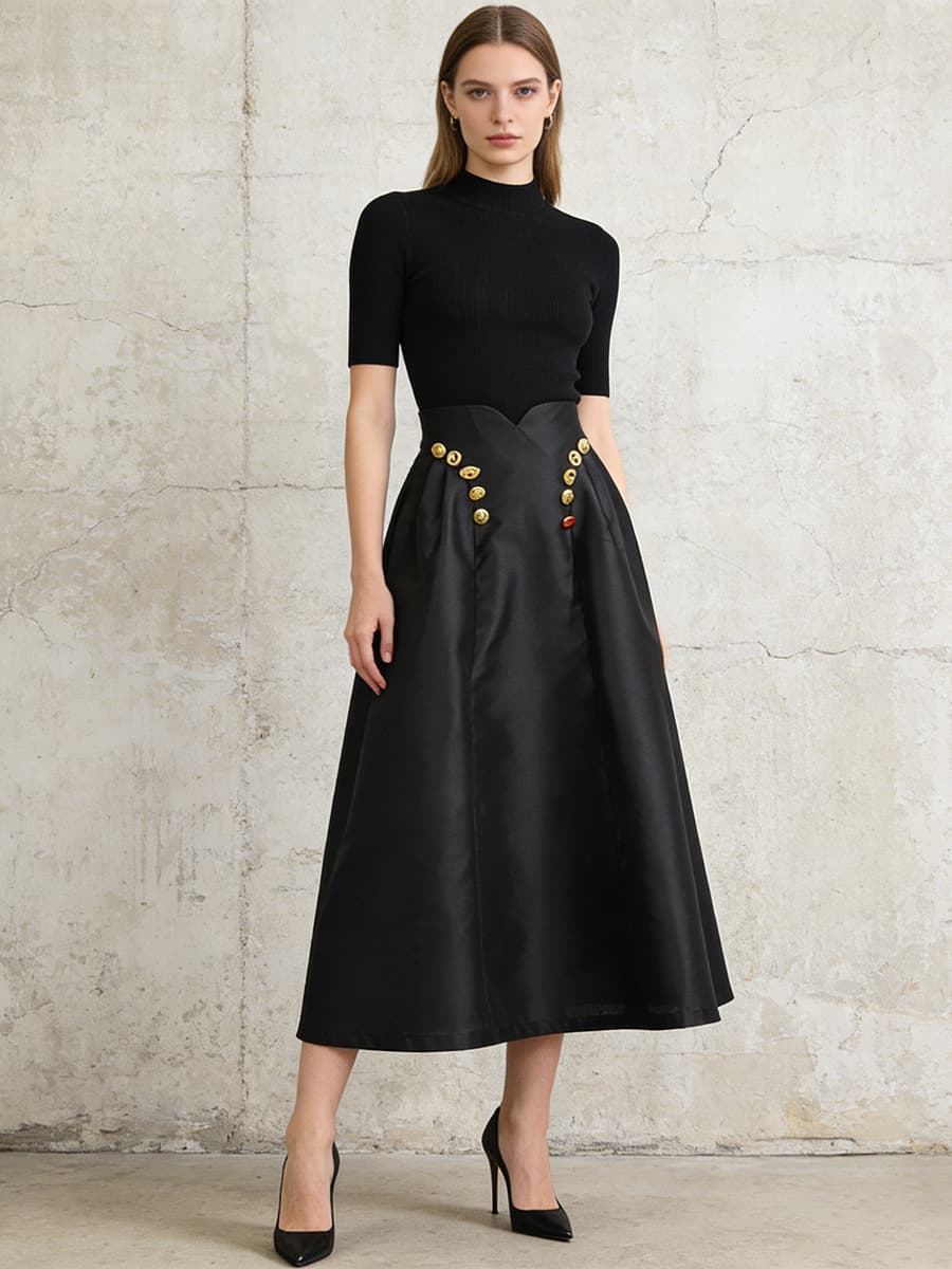 Irregularly Shaped Button-decorated Pleated Midi Skirt 1