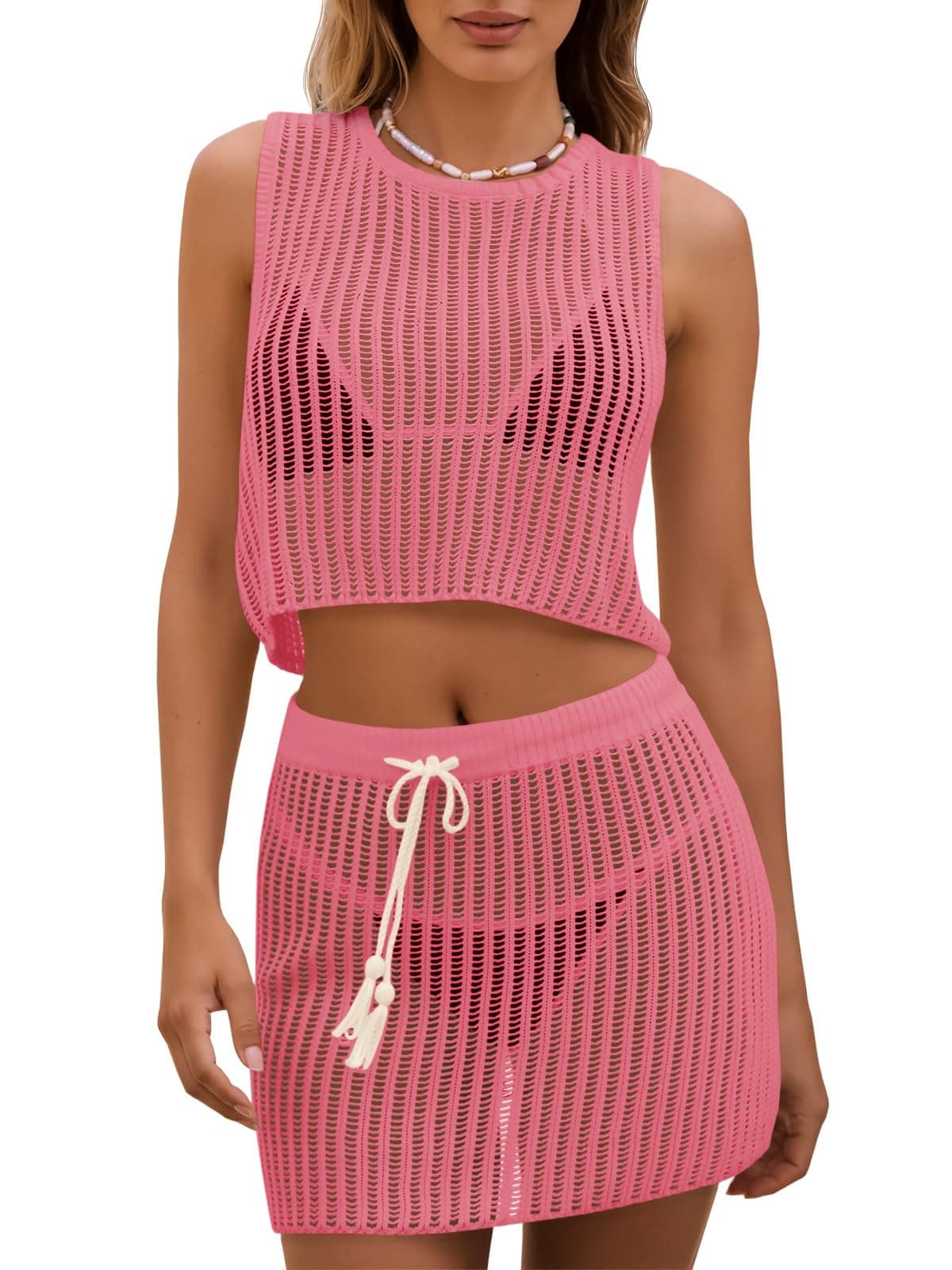 Fisoew Женски 2 Дел Crochet Sets Без Ракави Crop Tops color variant