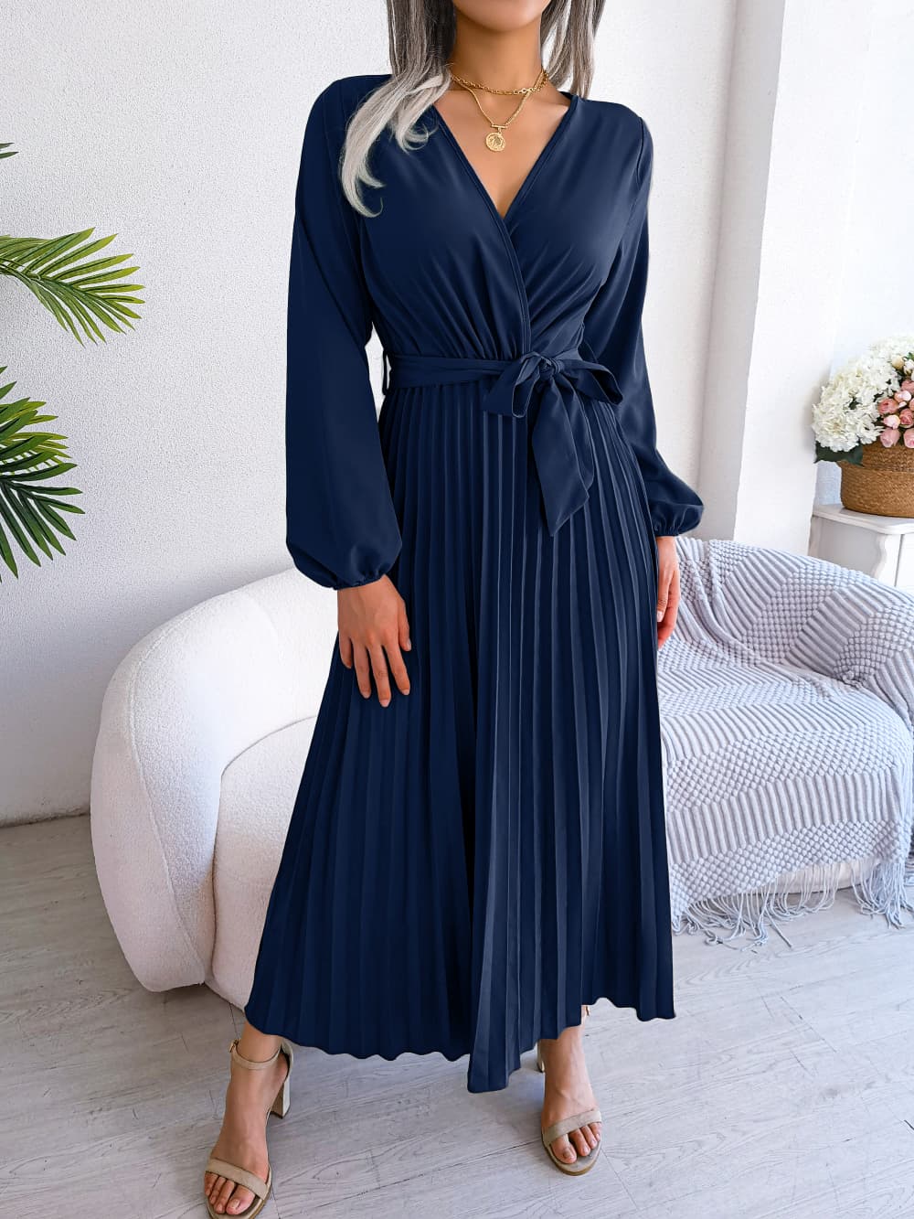 Elegant Cross V Neck Flowy Pleated Maxi Dress 1
