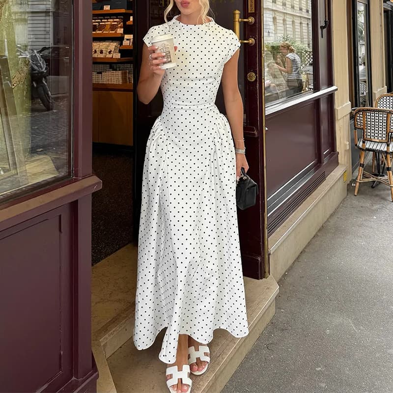 French Style Polka Dot Round Neck Waist-cinched Swing Maxi 1
