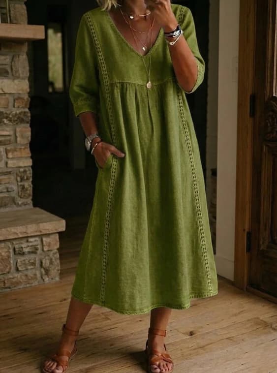 Casual Loose V-neck Lace Trim Linen Cotton Dress 1