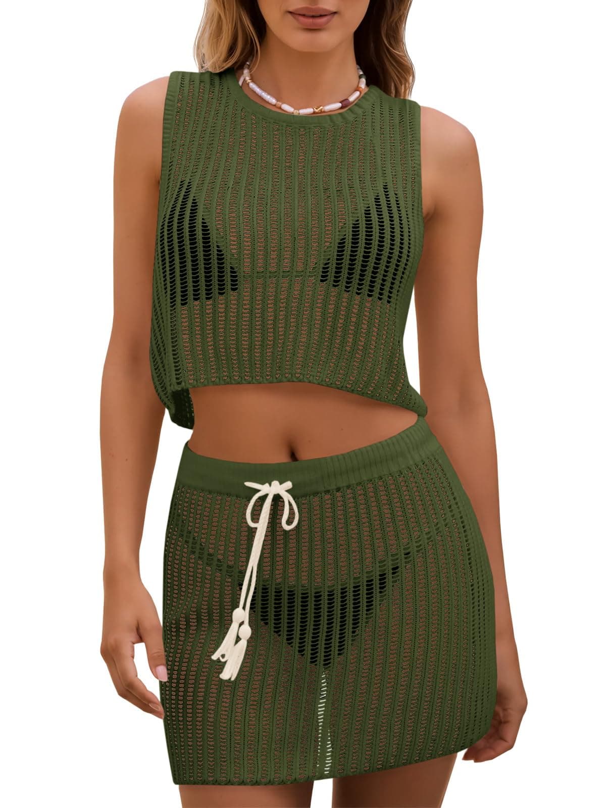 Fisoew Женски 2 Дел Crochet Sets Без Ракави Crop Tops color variant