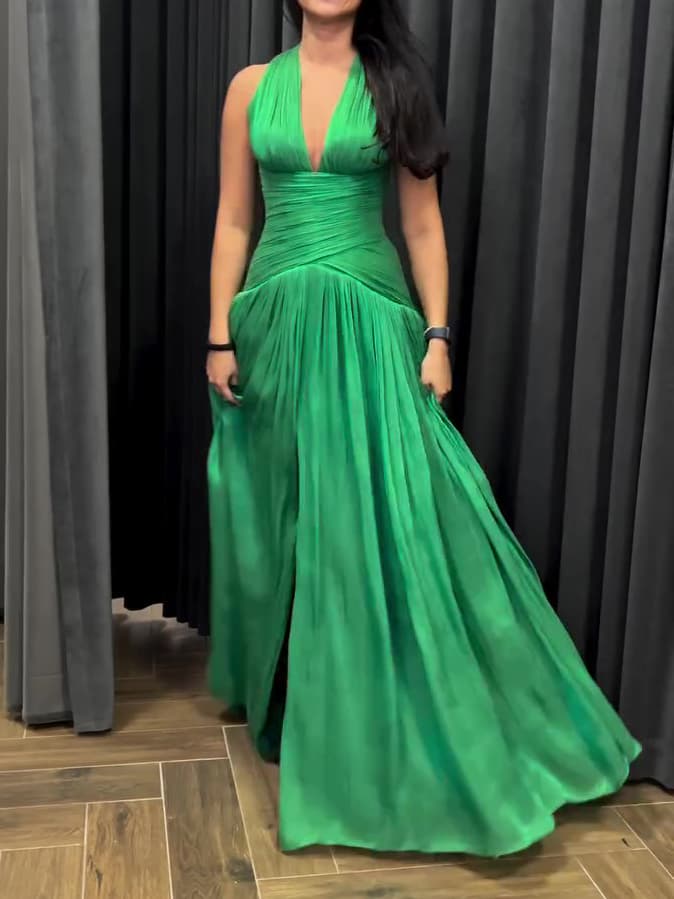 Emerald Зелен Plunging Neckline Вечерен Фустан со Плисирана Сукња и color variant