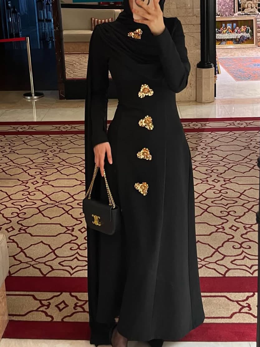 Black Turtleneck Cape Sleeve Gold Button Maxi Dress 1