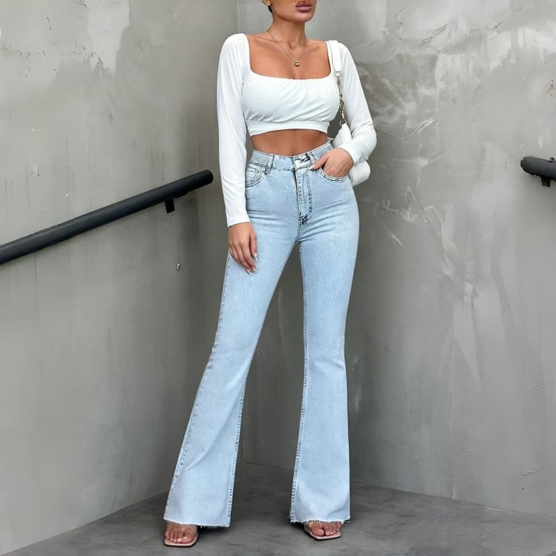 Casual Versatile Mid-waist Washed Raw Hem Flare Jeans 1