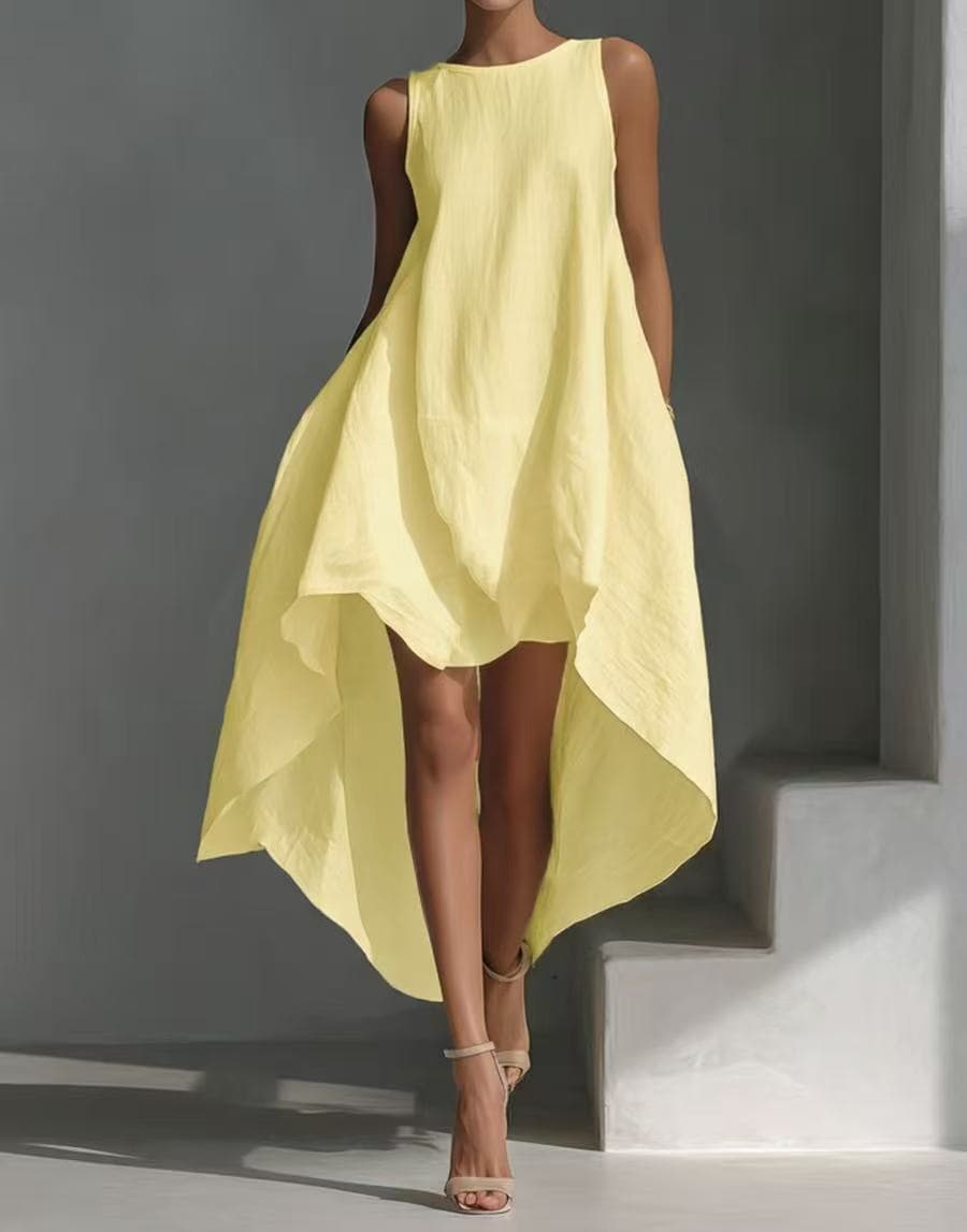 Без Ракави Висок-Низок Неправилен Раб Ланен Мешавина Фустан color variant