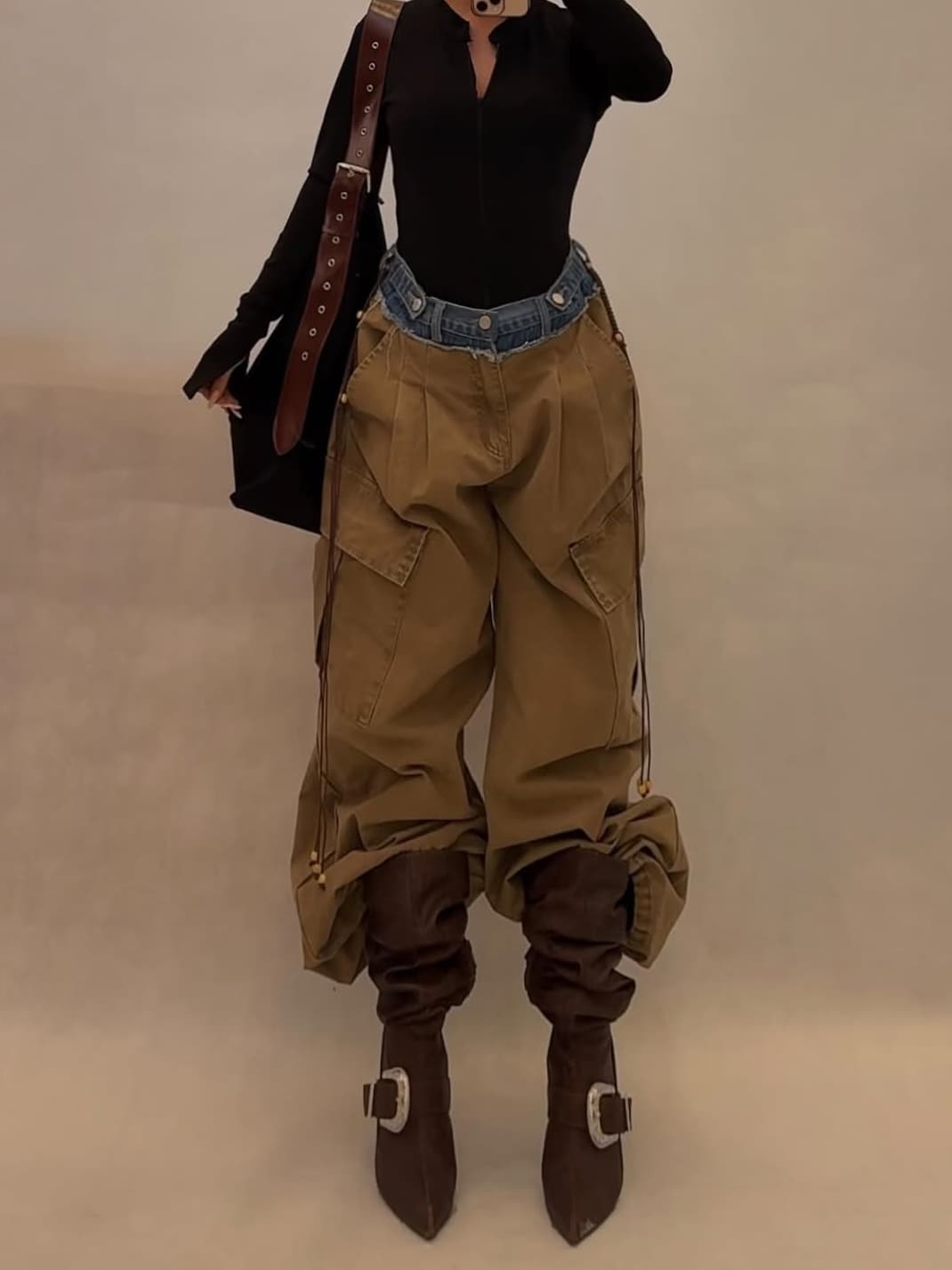 Khaki Denim Panel Drawstring Wide-leg Cargo Pants 1