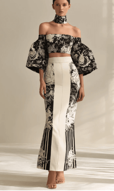 Off-shoulder Baroque Print Crop Top and Skirt Set 1