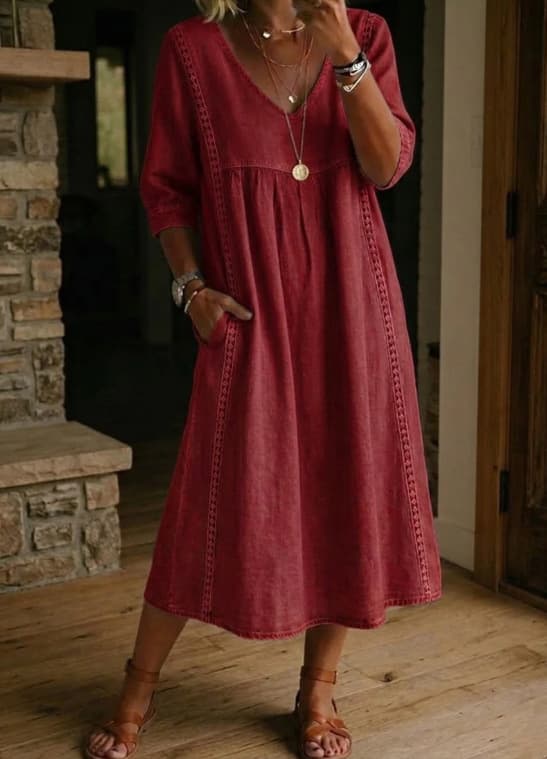 Кежуал Широк V-Деколте Тантелски Trim Ланен Памук Фустан color variant