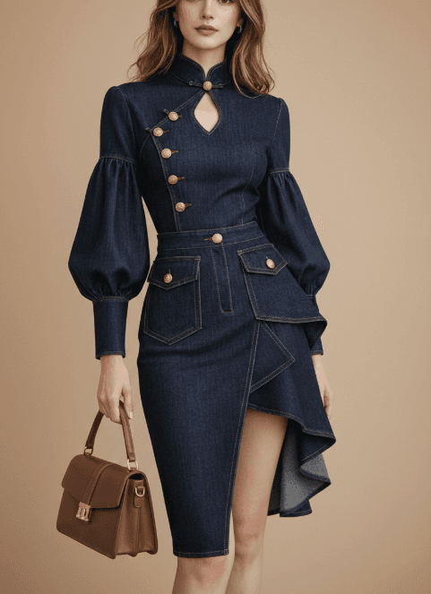 Architectural Indigo Denim Midi Dress-military Gold-tone 1