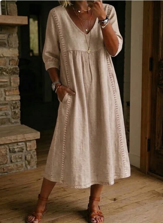 Кежуал Широк V-Деколте Тантелски Trim Ланен Памук Фустан color variant