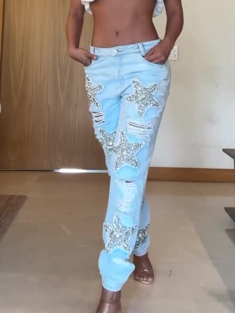 Five-pointed Star Hot Diamond Ripped Jeans 1