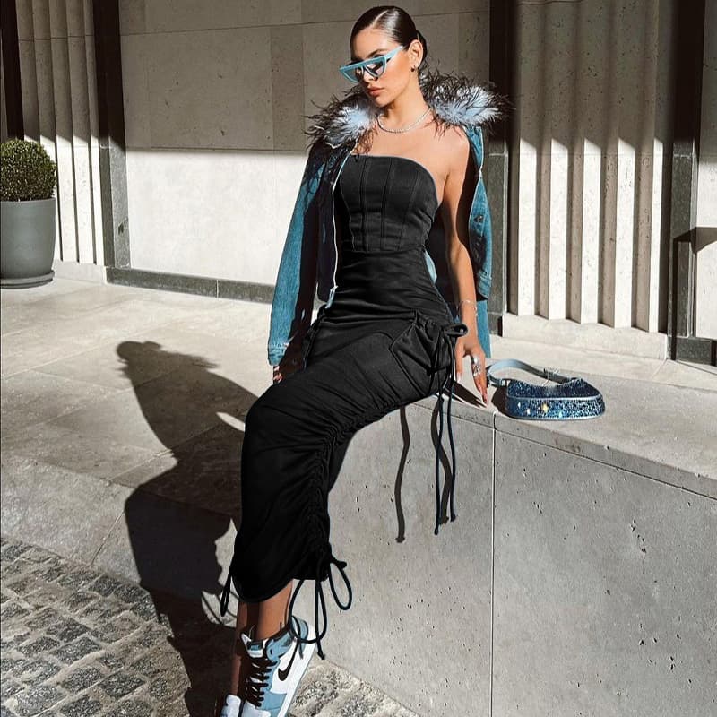 Узок A Јака Џеб Дизајн Струк Tенок Дамка Плисиран Фустан color variant