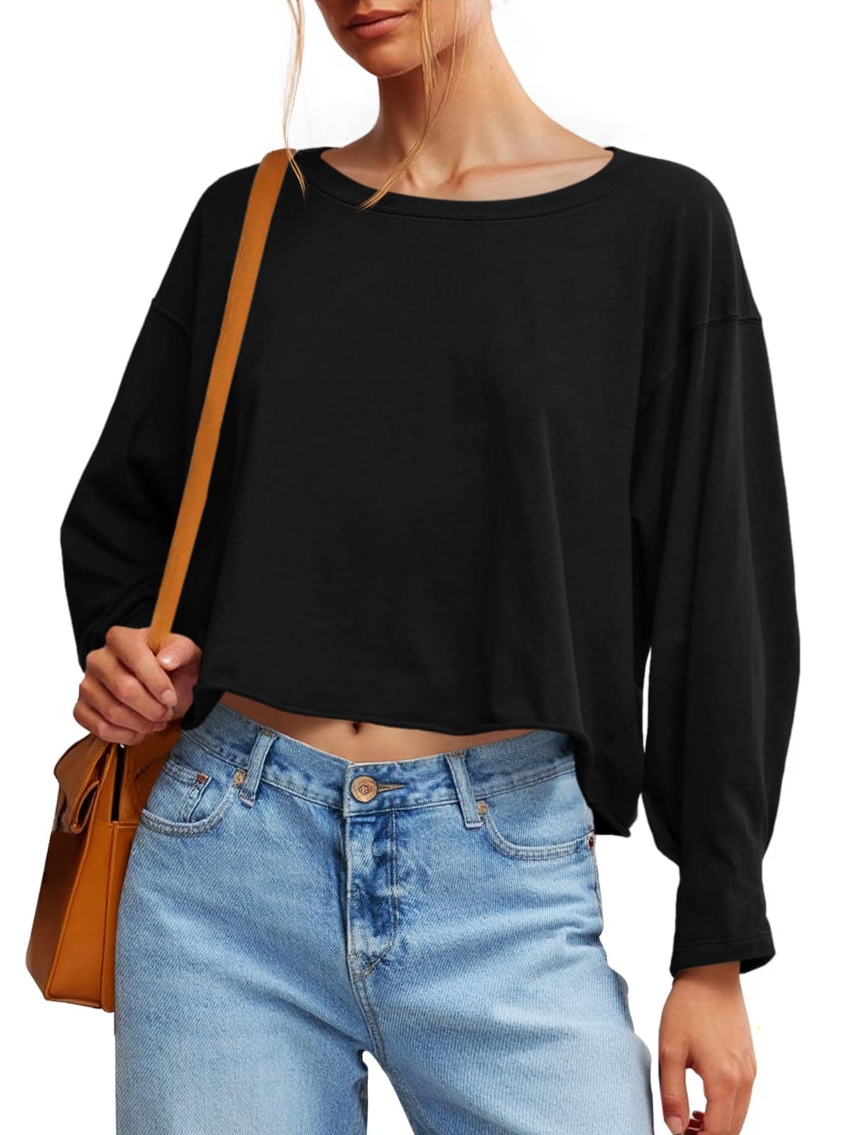 Fisoew Женски Долги Ракави Crop Tops Широк Крој Облеtка Деколте color variant