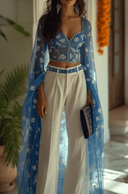 Sheer Embroidered Cape-overlay Top with Floral Bustier-blue 1