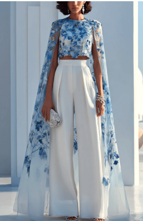 Floral Print Cape-back Crop Top-one-piece Elegant Sheer 1