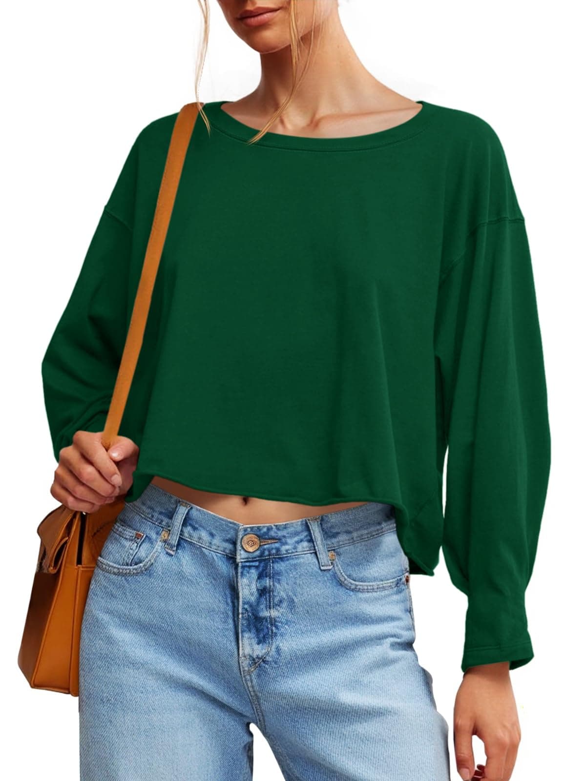 Fisoew Женски Долги Ракави Crop Tops Широк Крој Облеtка Деколте color variant