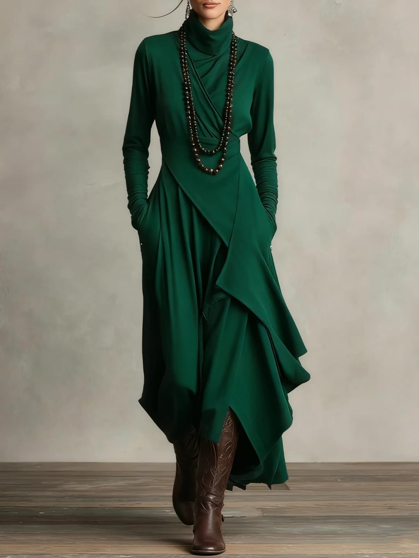 Long Sleeve Cross Wrap High Neck Maxi Dress 1