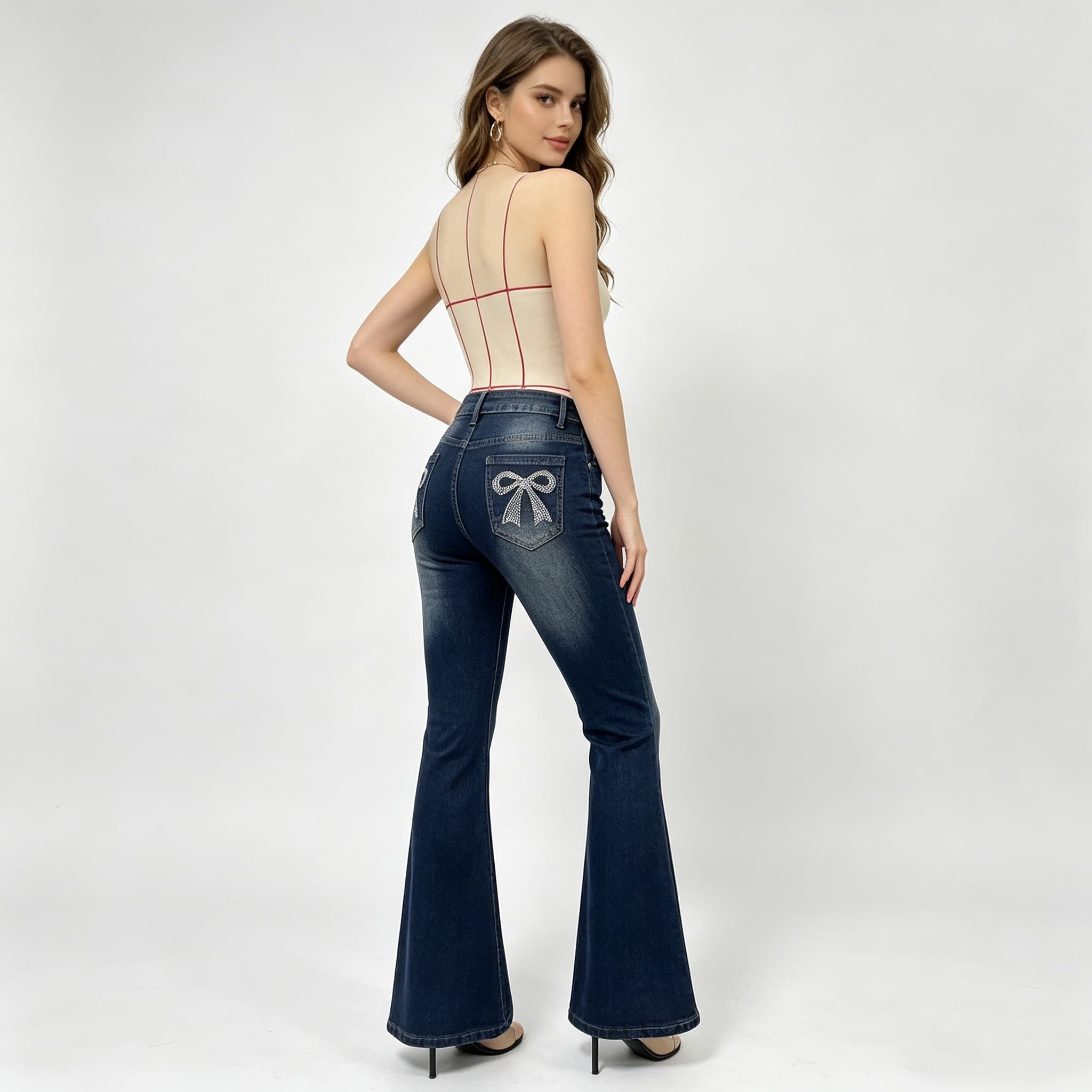 Flared Jeans with Back Pocket Bow & Rhinestone Detail 1