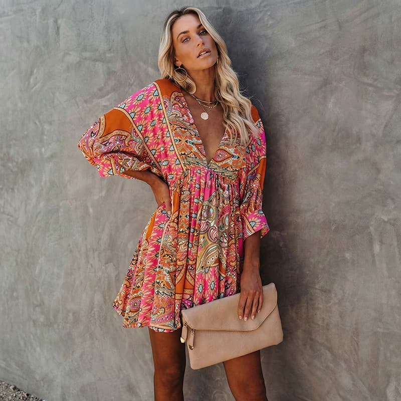 Sexy V-neck Waist-defining Loose Fit Printed Dress 1