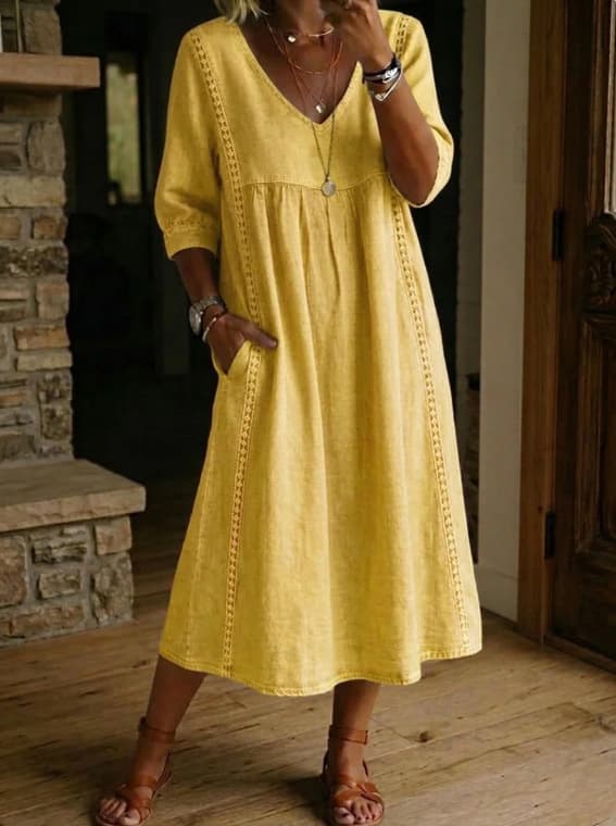 Кежуал Широк V-Деколте Тантелски Trim Ланен Памук Фустан color variant